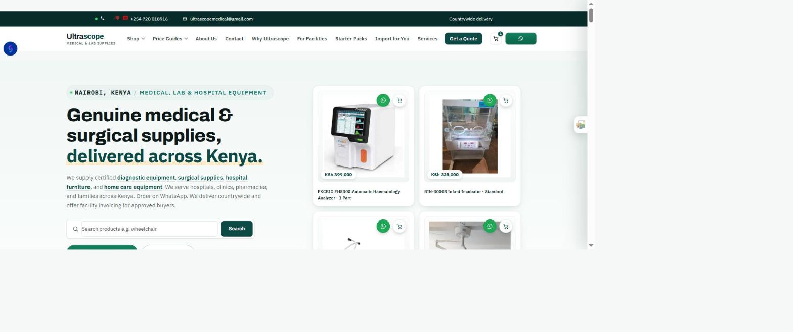 Google Ads management Kenya example: the Ultrascope Medical homepage built by Growth Catalyst