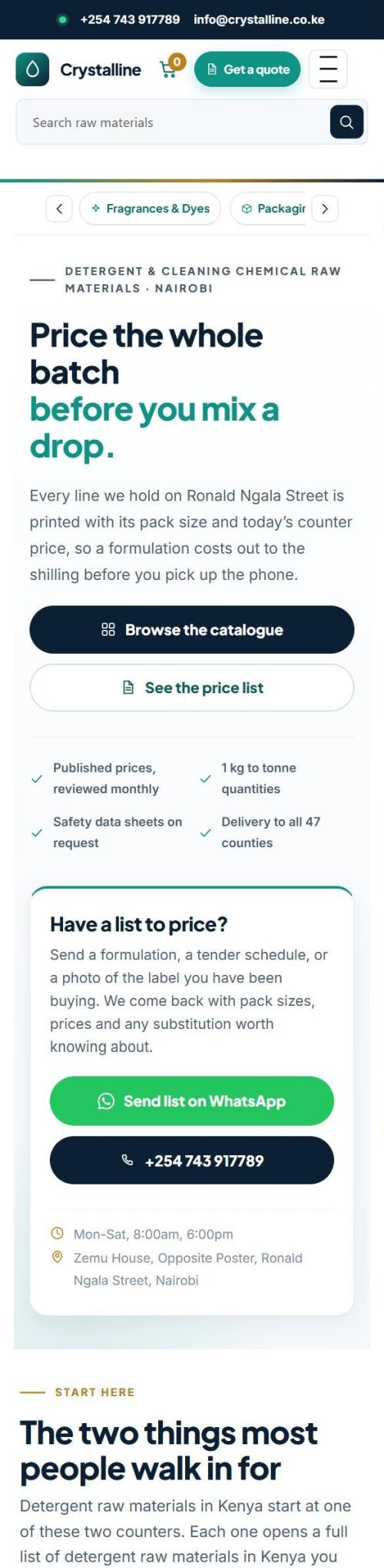 The crystalline.co.ke website as it looks on a phone
