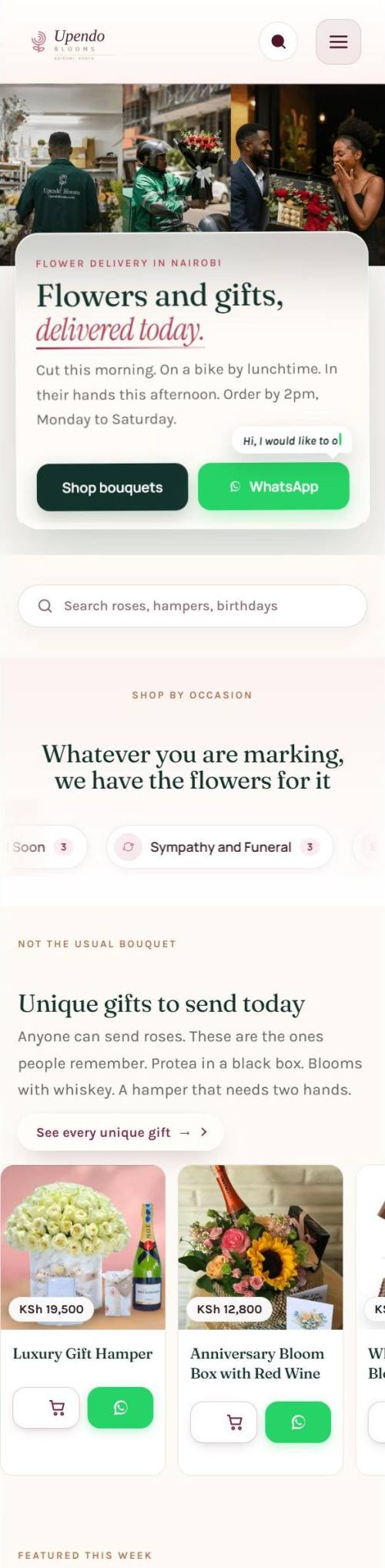 The upendoblooms.co.ke website as it looks on a phone